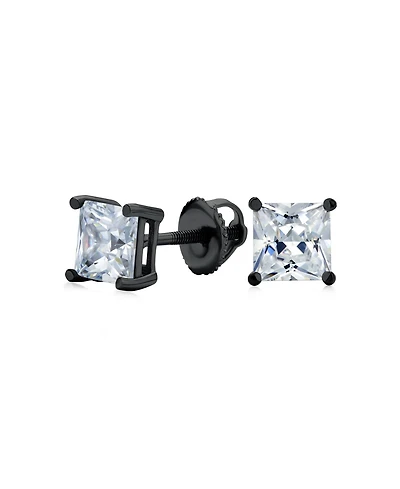 Bling Jewelry Clear Square Princess Cut Cubic Zirconia Solitaire Stud Earrings Women Cz Secure Screw Back Black Gold Plated .925 Sterling Silver