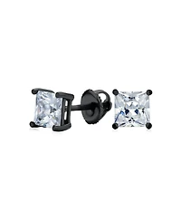 Bling Jewelry Clear Square Princess Cut Cubic Zirconia Solitaire Stud Earrings Women Cz Secure Screw Back Black Gold Plated .925 Sterling Silver