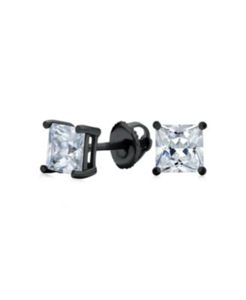 Bling Jewelry Clear Square Princess Cut Cubic Zirconia Solitaire Stud Earrings Cz Secure Screw Back Black Gold Plated .925 Sterling Silver