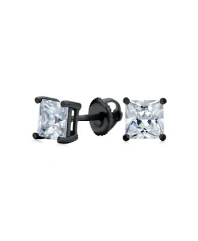Bling Jewelry Clear Square Princess Cut Cubic Zirconia Solitaire Stud Earrings Cz Secure Screw Back Black Gold Plated .925 Sterling Silver