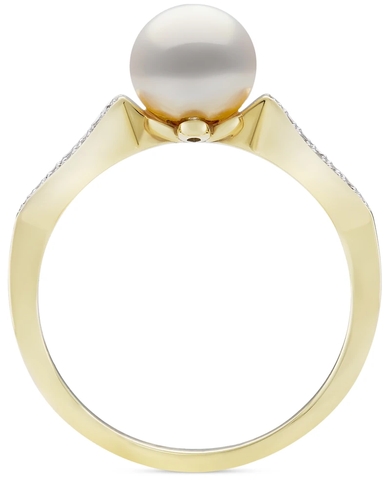 Belle de Mer Cultured Freshwater Pearl (7mm) & Diamond (1/6 ct. t.w.) Leaf Accent Ring in 10k Gold
