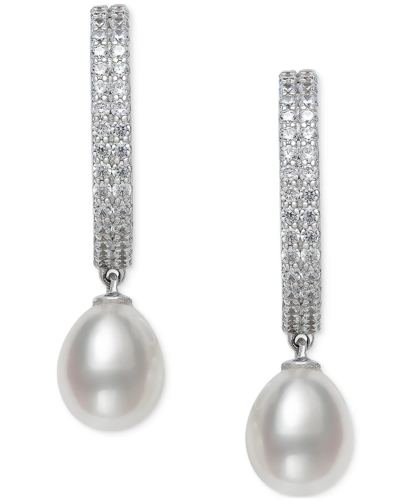 Belle de Mer Cultured Freshwater Pearl (8-9mm) & Lab Created White Sapphire (1-1/4 ct. t.w.) Dangle Hoop Earrings in Sterling Silver