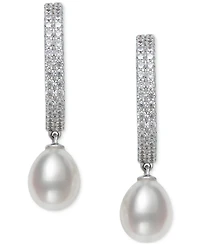 Belle de Mer Cultured Freshwater Pearl (8-9mm) & Lab Created White Sapphire (1-1/4 ct. t.w.) Dangle Hoop Earrings in Sterling Silver