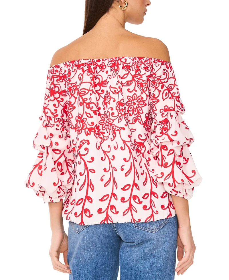 Vince Camuto Women's Floral Off The Shoulder Bubble Sleeve Tie Front Blouse