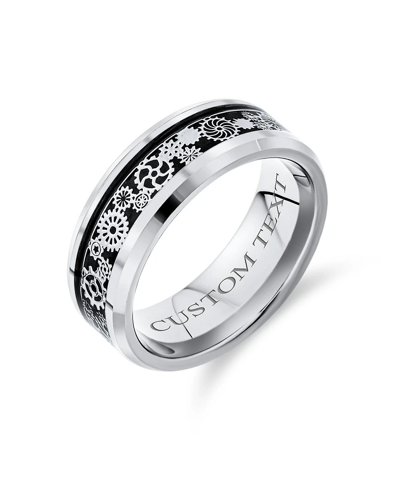 Bling Jewelry Steampunk Gear Wheel Silver Black Plated Titanium Ring Band Carbon Fiber Inlay Beveled Edges Comfort Fit