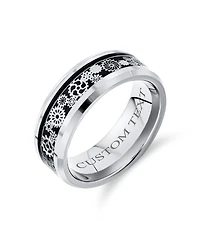 Bling Jewelry Steampunk Gear Wheel Silver Black Plated Titanium Ring Band Carbon Fiber Inlay Beveled Edges Comfort Fit