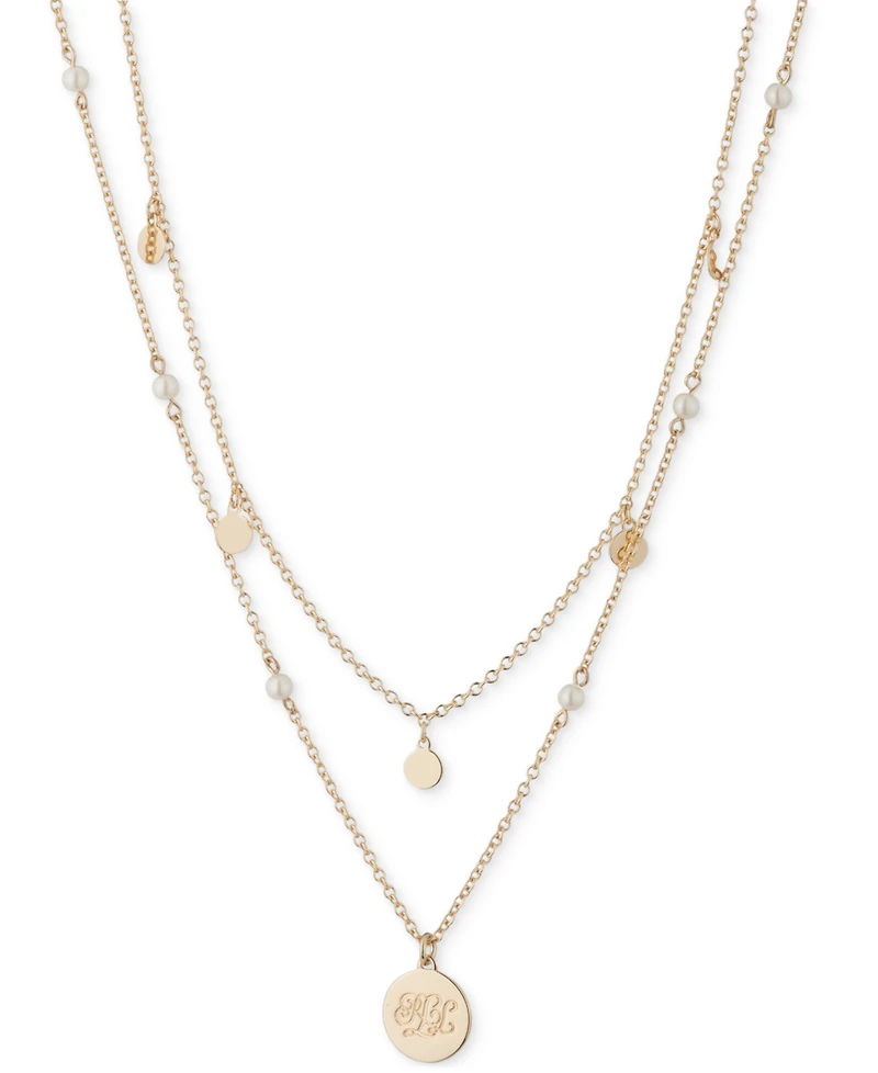 Lauren Ralph Lauren Gold-Tone White Imitation Pearl & Logo Pendant Two-Row Pendant Necklace, 18" + 3" extender