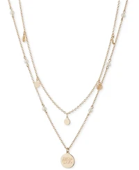 Lauren Ralph Lauren Gold-Tone White Imitation Pearl & Logo Pendant Two-Row Pendant Necklace, 18" + 3" extender