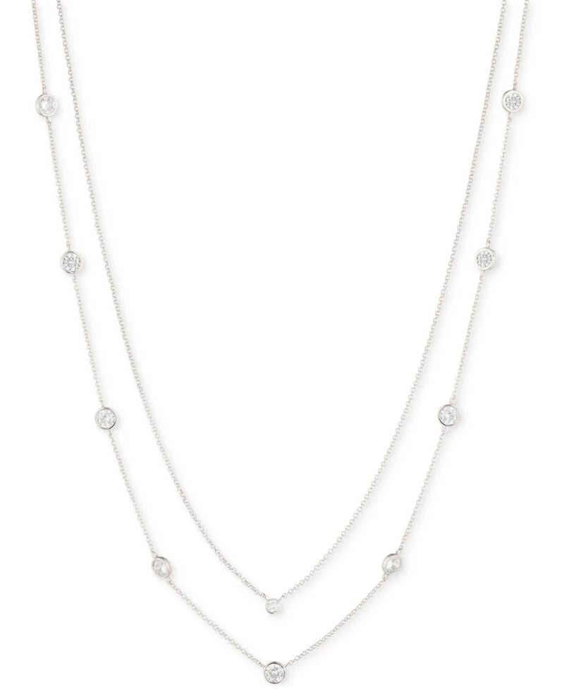 Lauren Ralph Lauren Silver-Tone Cubic Zirconia Two-Row Stationed Collar Necklace, 18" + 3" extender