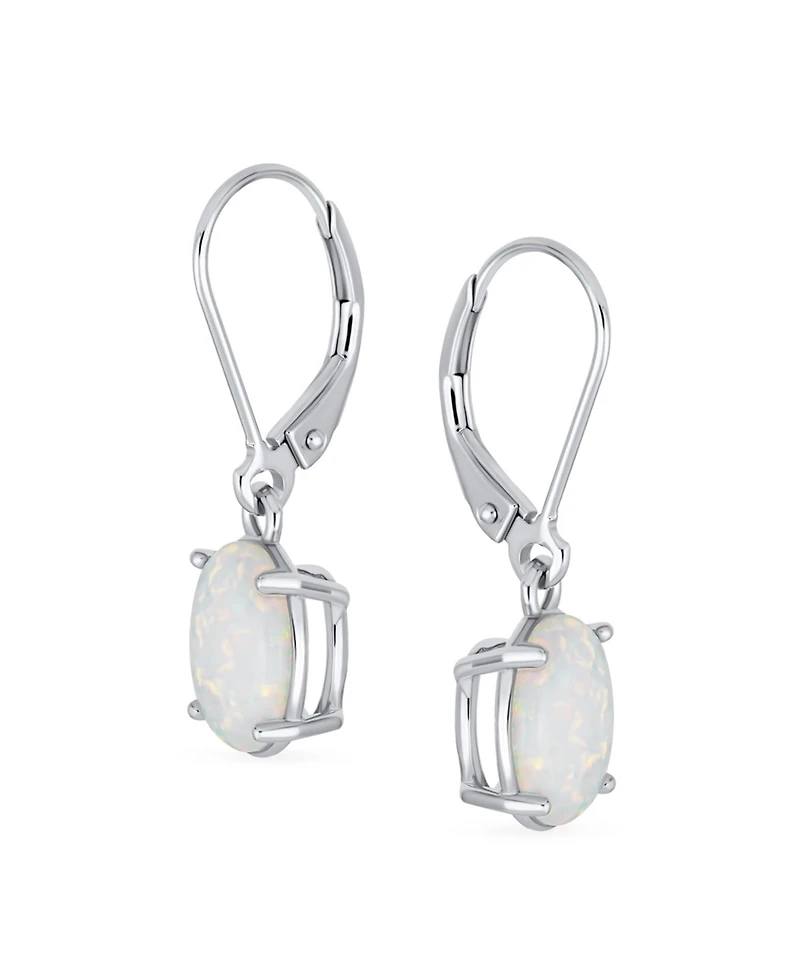 Bling Jewelry Classic White Created Opal Oval Solitaire Dangle Lever back Earrings .925 Sterling Silver