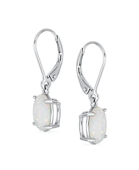 Bling Jewelry Classic White Created Opal Oval Solitaire Dangle Lever back Earrings .925 Sterling Silver