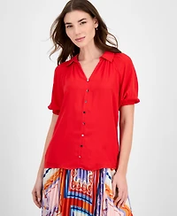 T Tahari Women's Solid-Color Georgette Split-Neck Blouse