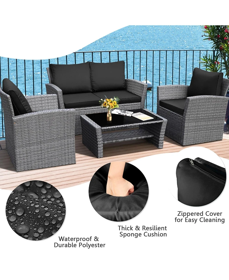 Gymax 4 Piece Outdoor Furniture Set Patio Rattan Conversation Set w/ Cushions
