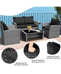 Gymax 4 Piece Outdoor Furniture Set Patio Rattan Conversation Set w/ Cushions