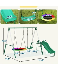 Qaba Metal Swing Set with Slide, Heavy Duty Swing Set,