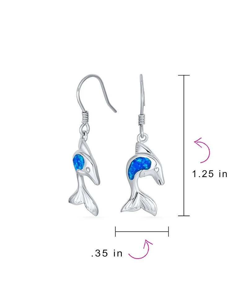 Bling Jewelry Created Blue Opal Inlay Nautical Ocean Marine Hawaiian Sea Life Dolphins Dangle Earrings .925 Sterling Silver Wire Fish Hook