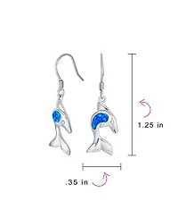 Bling Jewelry Created Blue Opal Inlay Nautical Ocean Marine Hawaiian Sea Life Dolphins Dangle Earrings .925 Sterling Silver Wire Fish Hook