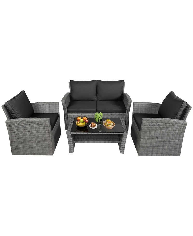 Gymax 4 Piece Outdoor Furniture Set Patio Rattan Conversation Set w/ Cushions