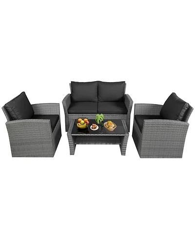 Gymax 4 Piece Outdoor Furniture Set Patio Rattan Conversation Set w/ Cushions