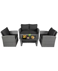 Gymax 4 Piece Outdoor Furniture Set Patio Rattan Conversation Set w/ Cushions