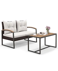 Gymax Set of 2 Pe Wicker Furniture Set Loveseat w/ Acacia Wood Coffee Table Patio