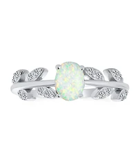 Bling Jewelry Dainty Oval White Created Opal Center Cubic Zirconia Open Leaves Leaf Cz Accent Ring .925 Sterling Silver