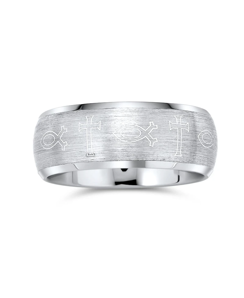 Bling Jewelry Religious Ichthys Jesus Fish Catholic Cross Couples Titanium Band Rings Matte Silver Tone