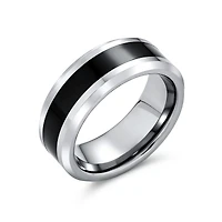 Bling Jewelry Simple Two Tone Black Center Couples Titanium Band Ring Silver Tone Beveled Edge 8MM