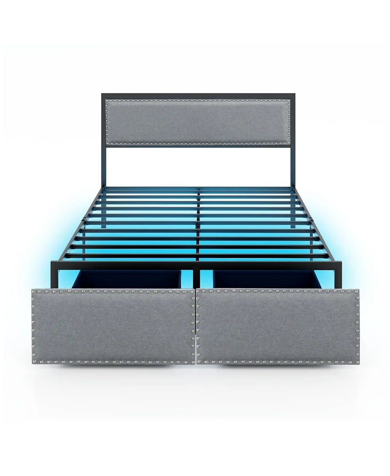 Full Size Bed Frame with Led Lights Drawer and Metal Slats-Full Size