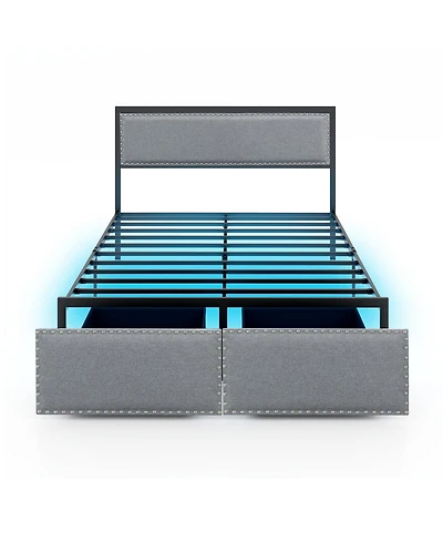 Full Size Bed Frame with Led Lights Drawer and Metal Slats-Full Size