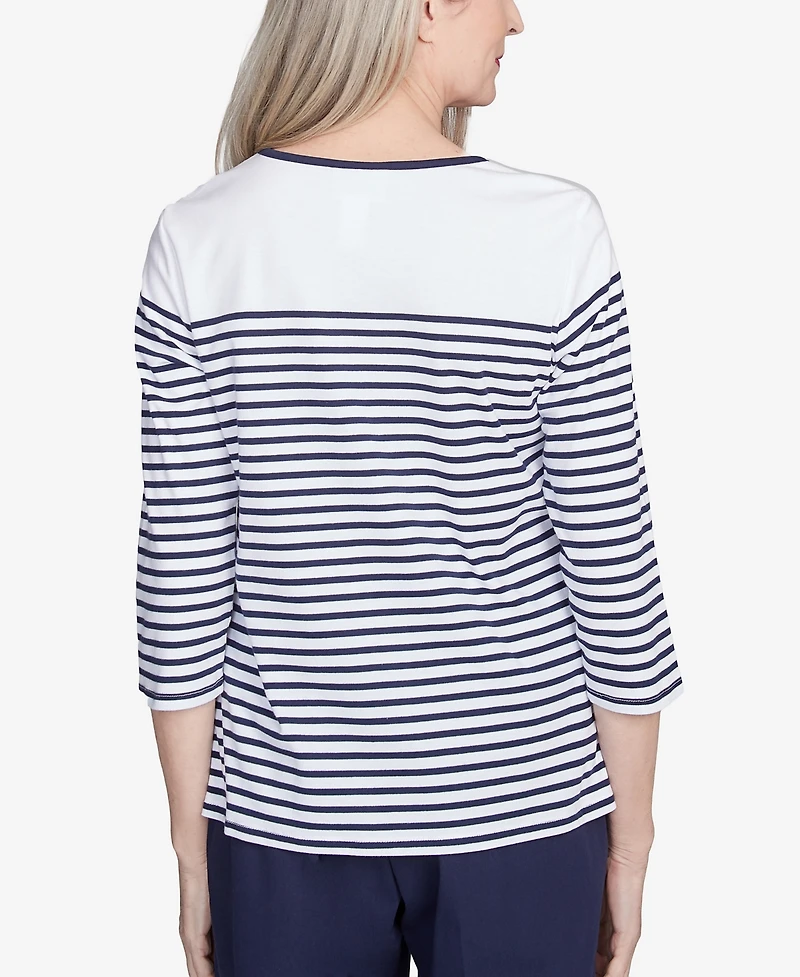 Alfred Dunner Women's Land of The Free Striped Star-Studded Crew Neck Top