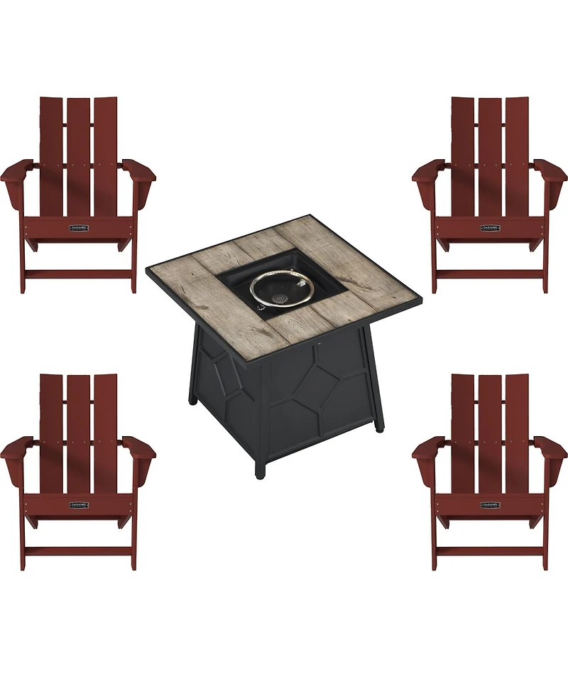 Piece Hdpe Adirondack Chair Outdoor Meeting Set with 28-inch Square 40,000 Btu Auto-Ignition Propane Gas Firepit with Waterproof Cover