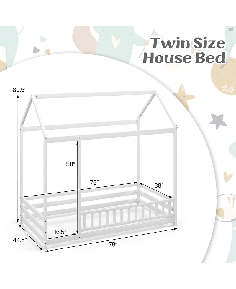 Twin Size Kids House Bed Wooden Floor Bed with Roof and Full-length Safety Guardrail