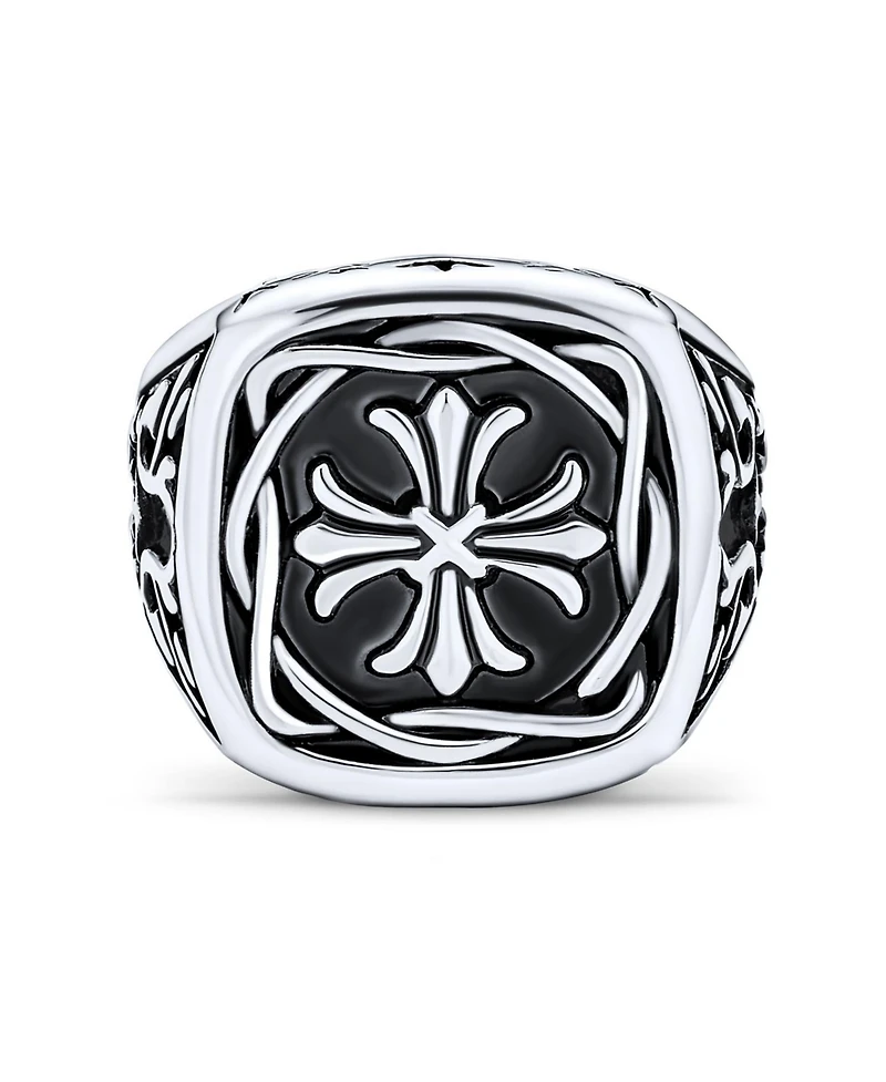 Bling Jewelry Large Statement Medieval Religious Ancient Viking Maltase Fleur De Lis Cross Square Signet Band Ring Oxidized Silver Tone Stainless Stee