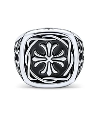 Bling Jewelry Large Statement Medieval Religious Ancient Viking Maltase Fleur De Lis Cross Square Signet Band Ring Oxidized Silver Tone Stainless Stee