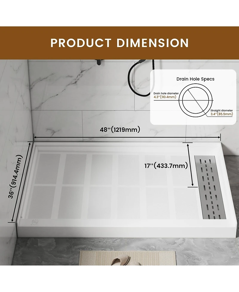 Casainc 48"W X 36"D Smc Single Threshold Shower Base Anti-Slip Shower Pan