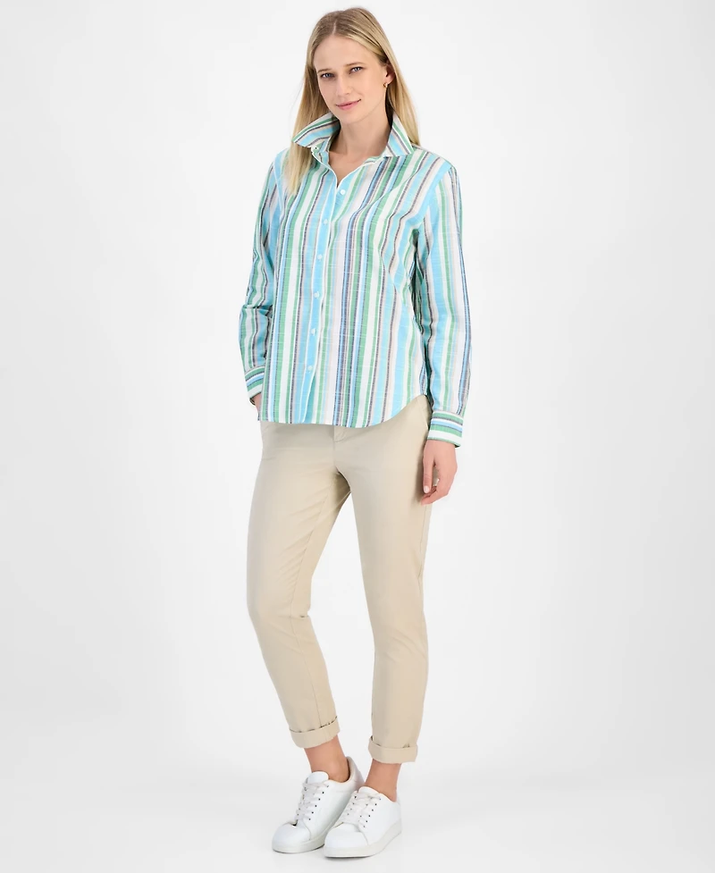 Nautica Jeans Women's Striped Roll-Tab Button Shirt