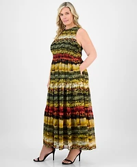 Anne Klein Plus Printed Smocked-Bodice Tiered Dress