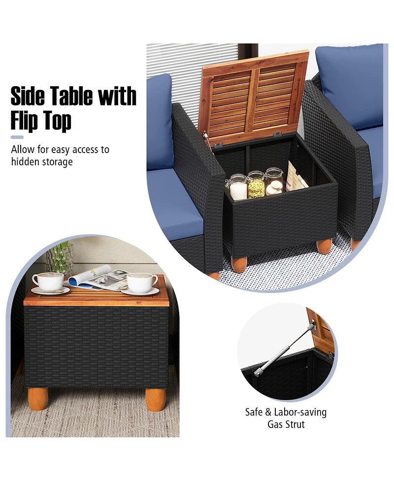 3PCS Outdoor Patio Rattan Furniture Set Wooden Table Cushioned Sofa