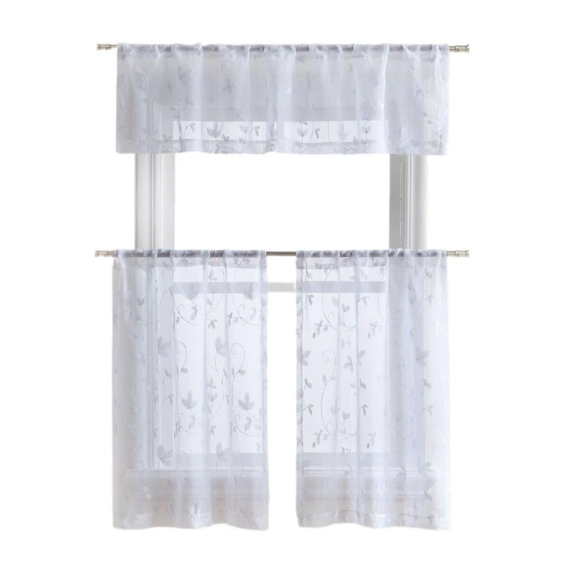 Kate Aurora Floral Embroidered Sheer Rod Pocket Kitchen Curtain Tier & Valance Set - 58 in. W x 15 L, Aqua