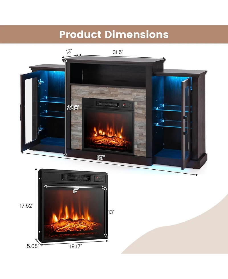 Fireplace Tv Stand with 16-Color Led Lights for TVs up to 65 Inch