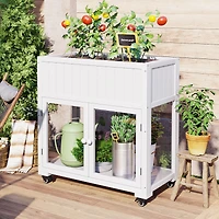 Mini Wood Cold Frame, Compact 2 Doors Garden Greenhouse with Wheels, Raised Bed with Liner for Indoor Outdoor Use