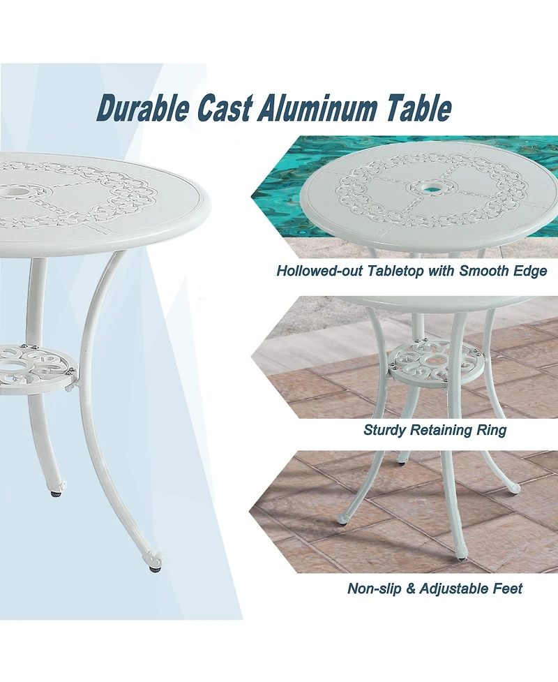 3-Piece Cast Aluminium Patio Bistro Set Outdoor Dining Table and Chairs Patio Bistro Table with Umbrella Hole Patio Bistro Chairs, White
