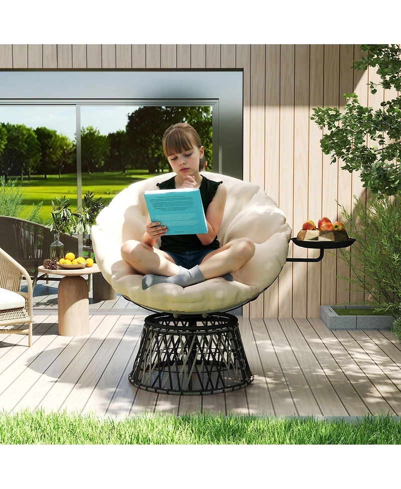 Outsunny Outdoor Swivel Chair with Side Tray, Overstuffed Papasan Chair