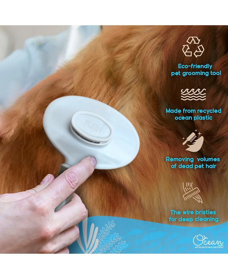 Ocean Plastic by Pt Beige Self-Cleaning Pin Slicker Brush, Retractable Head, Eco-Friendly Grooming Tool for Dogs and Cats