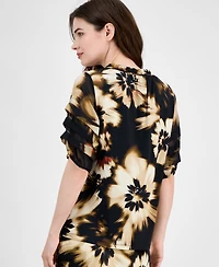 Anne Klein Women's Pleated-Sleeve Floral-Print Split-Neck Top