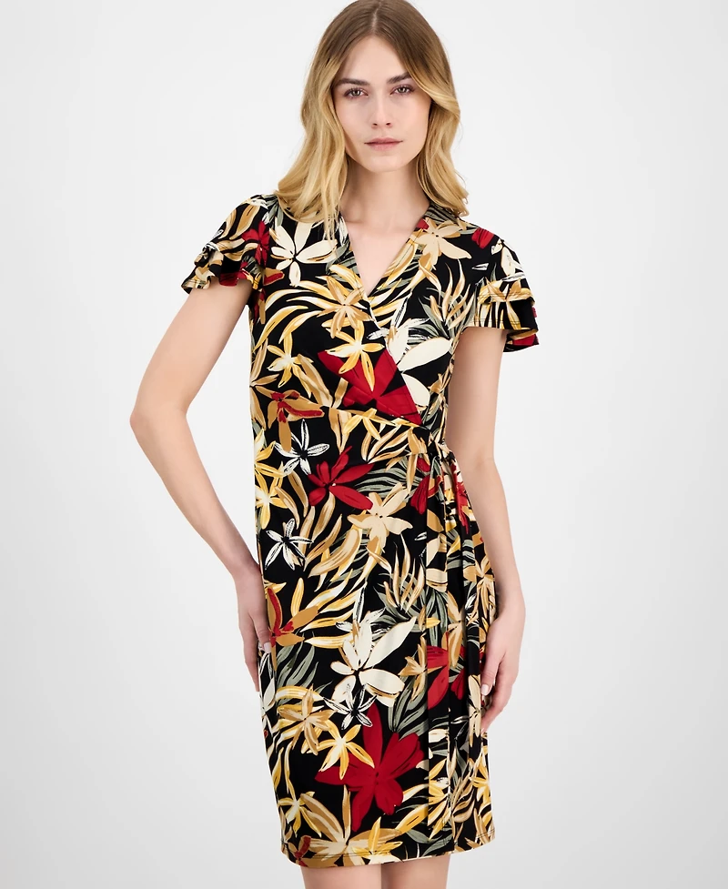 Anne Klein Women's Faux-Wrap Flutter-Sleeve Print Dress