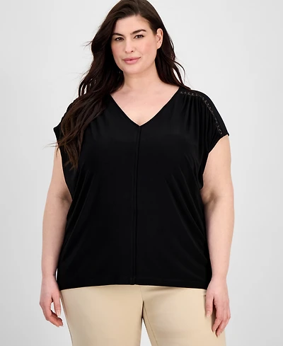 Anne Klein Plus Lace-Trim V-Neck Cap-Sleeve Top