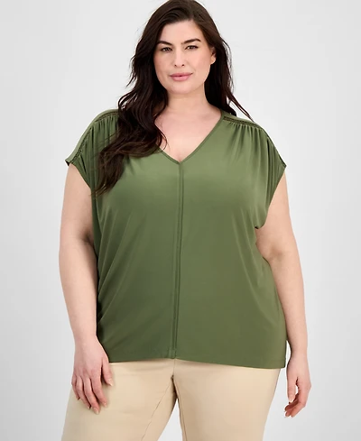 Anne Klein Plus Lace-Trim V-Neck Cap-Sleeve Top