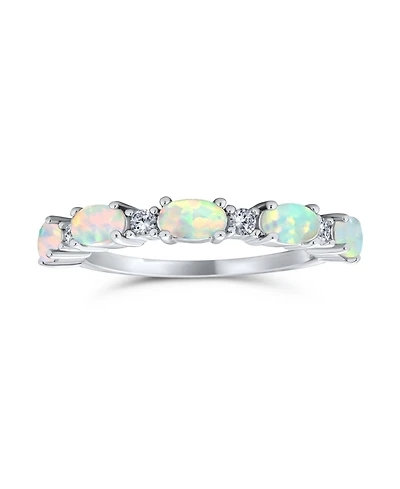 Bling Jewelry Open Leaf Cz Stackable 1/2 Eternity Oval Orange Blue Pink Created Opal Ring Gold Plated .925 Sterling Silver